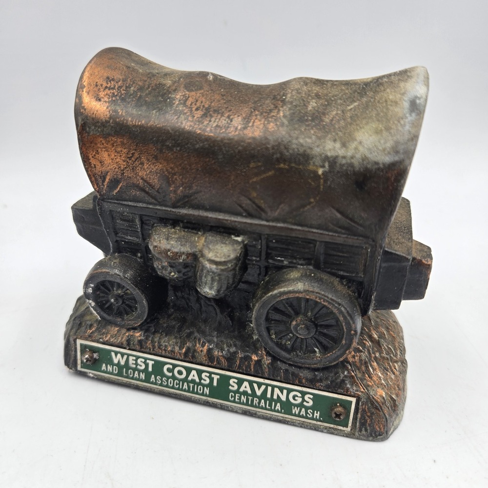 Vintage Covered Wagon Copper Piggy Bank NO KEY West Coast Savings Banthrico